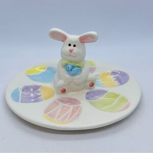 Mini Pastel Colored 6 Egg Ceramic Deviled Egg Dish with Easter Bunny Figure